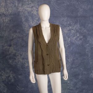 VTG Cable Knit Sweater Vest Olive Green Button Up Pockets Sz S